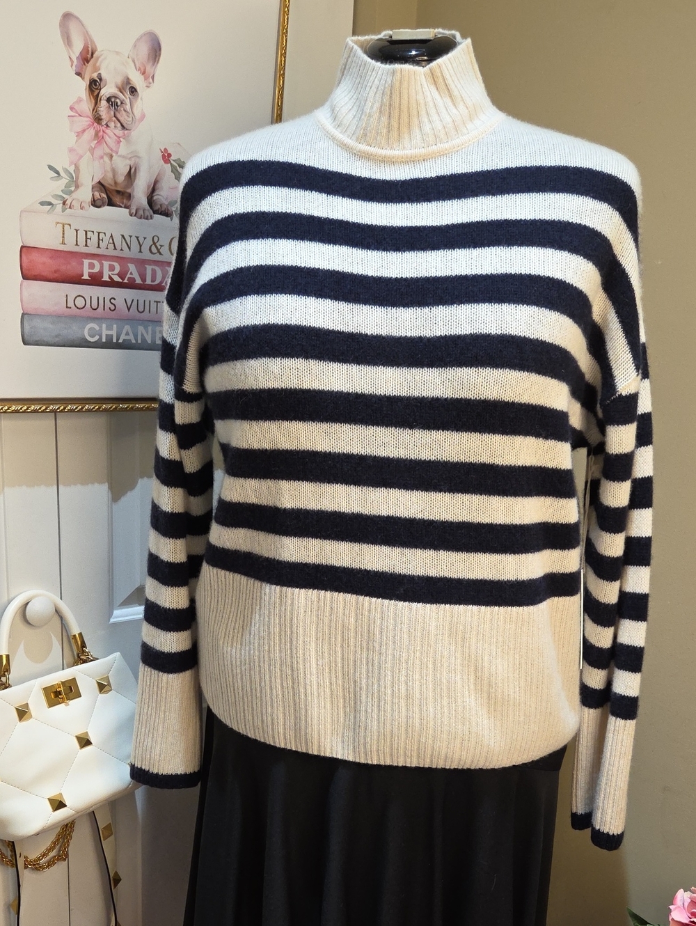 Nwt L Joie Striped Cashmere Turtleneck in Cream & Navy